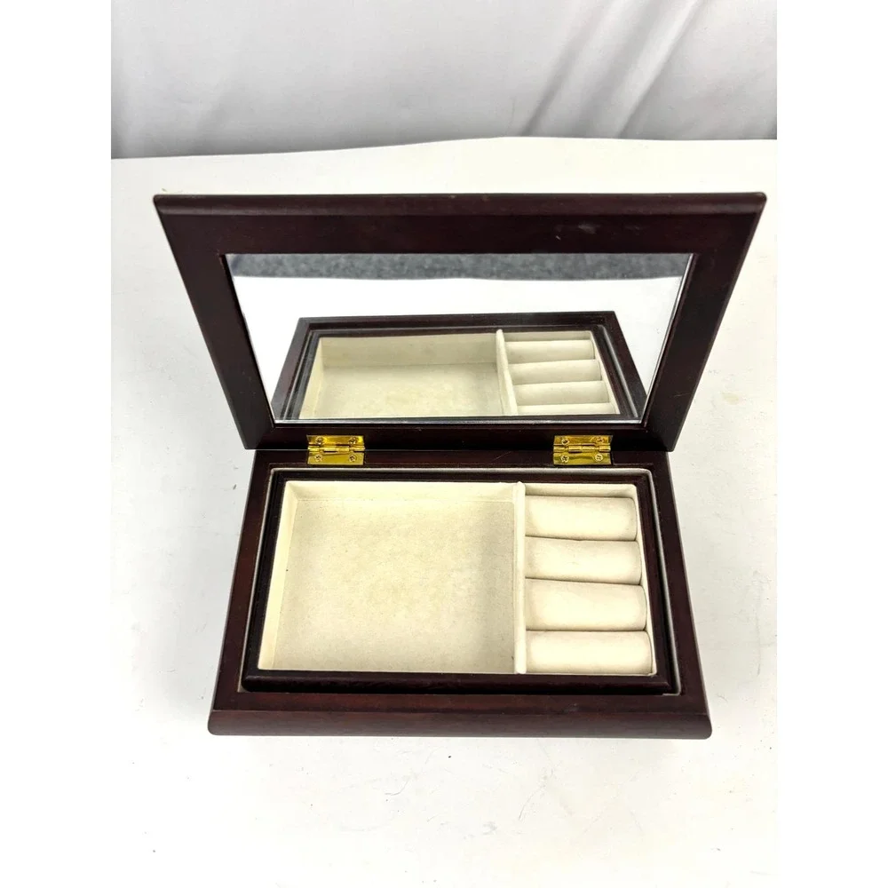 Vintage Wooden Jewelry Box Floral Tapestry Top Mirror‎ Vanity Keepsake Box